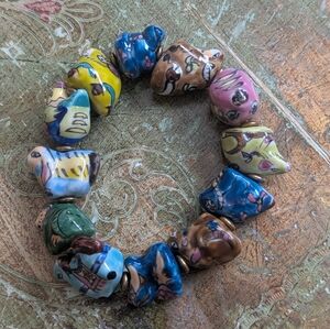Vintage Colorful Hand-Painted Ceramic Bead Stretch Bracelet